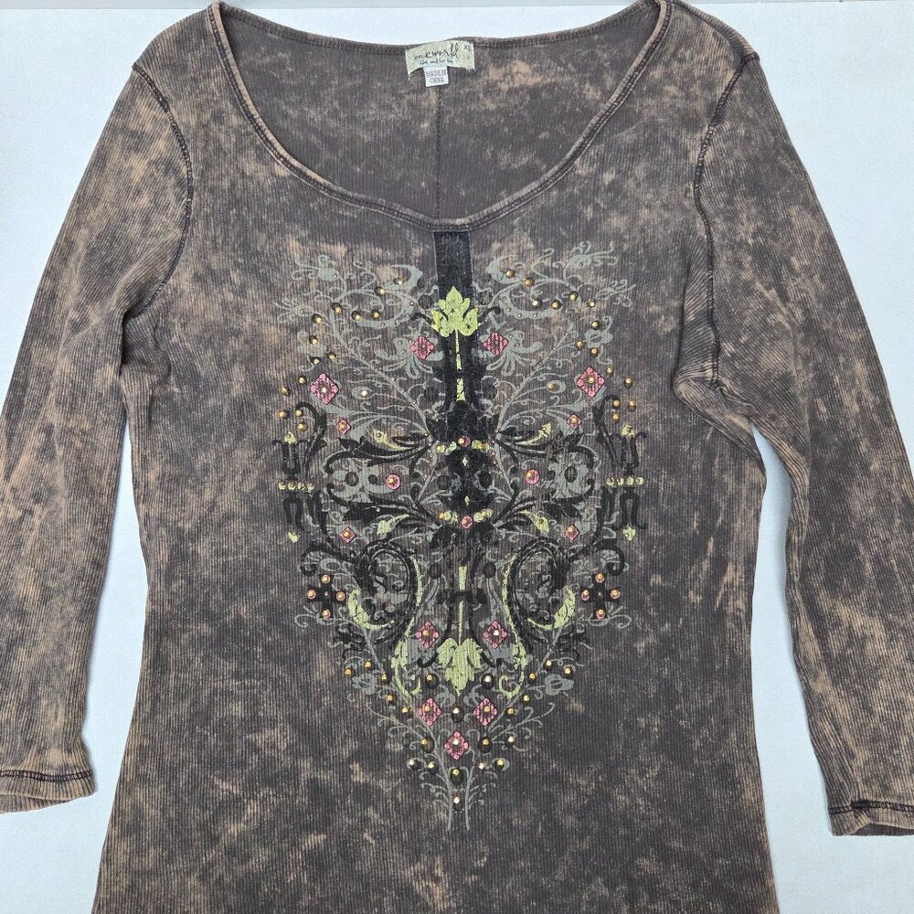 Vintage-Inspired Brown Embellished Women's Scoop Neck Top